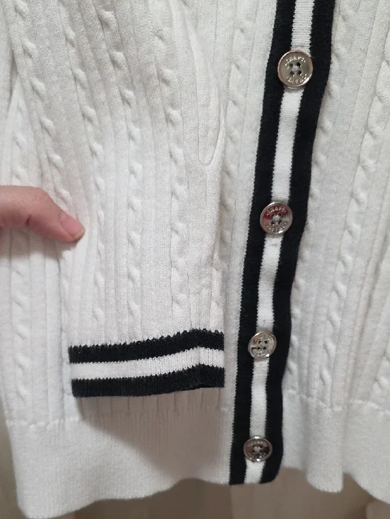 Classic White Cable-Knit Cardigan with Black Trim - Chaps Petite - Picture 4 of 8